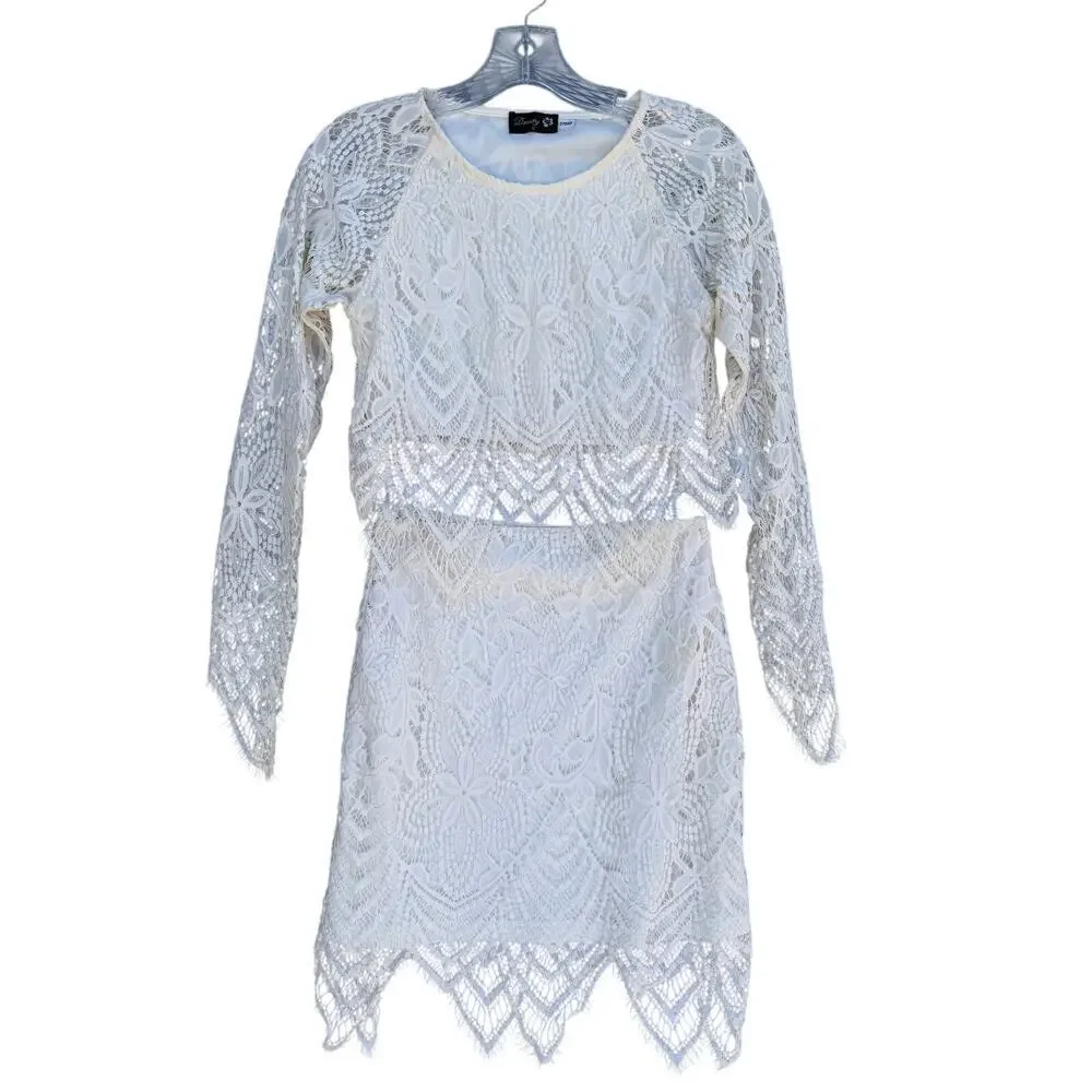 Danity Ivory Lace Two Piece Set Crop Top Skirt Boho Size Small